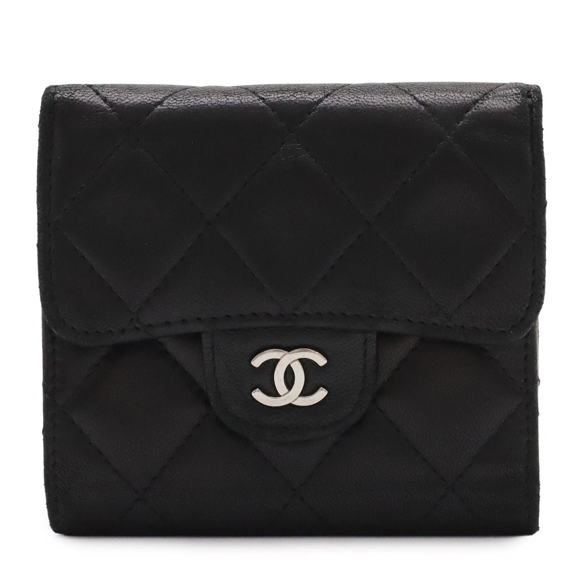 Chanel Quilted CC Logo Bifold Wallet Hook Double Leather Black Silver