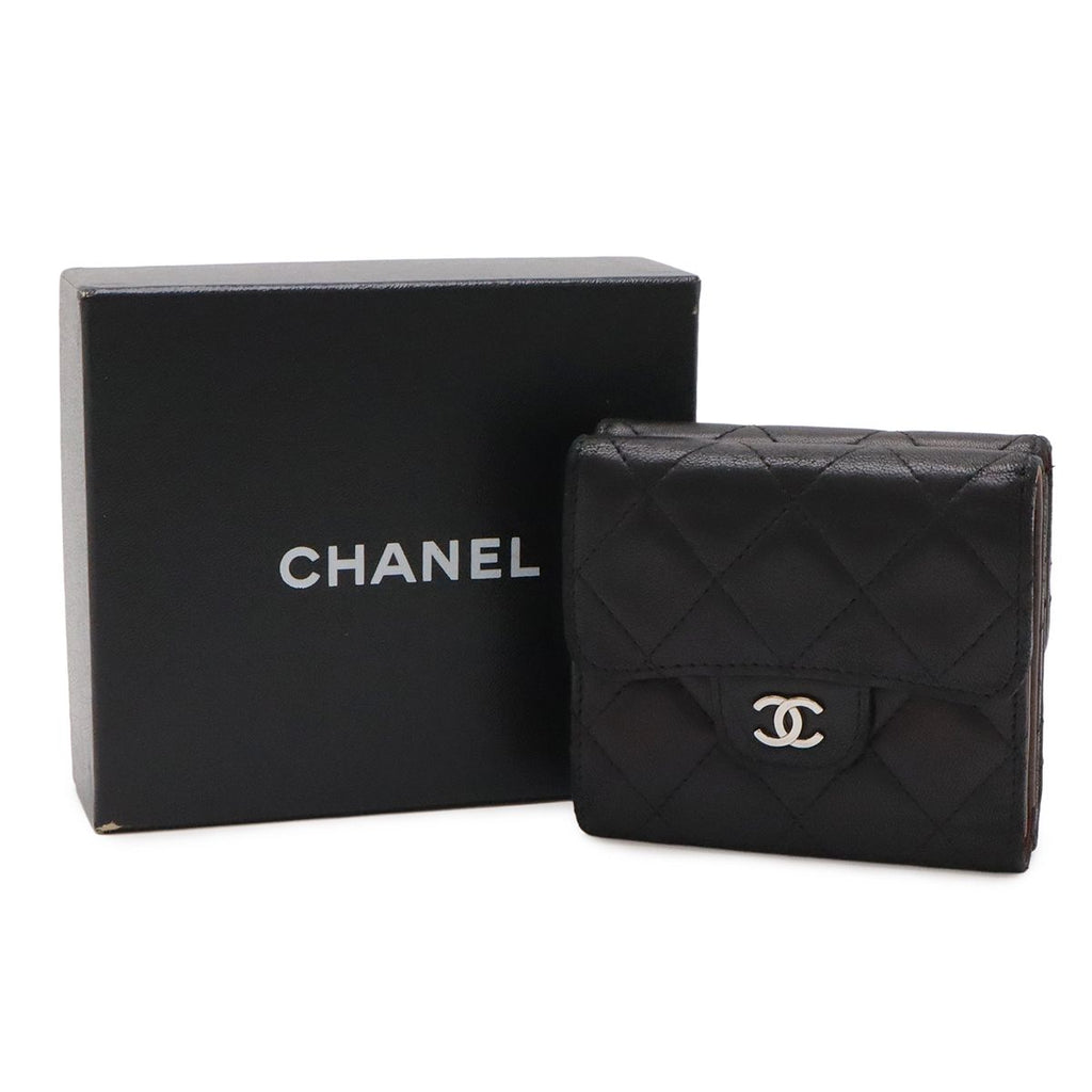 Chanel Quilted CC Logo Bifold Wallet Hook Double Leather Black Silver — view 9