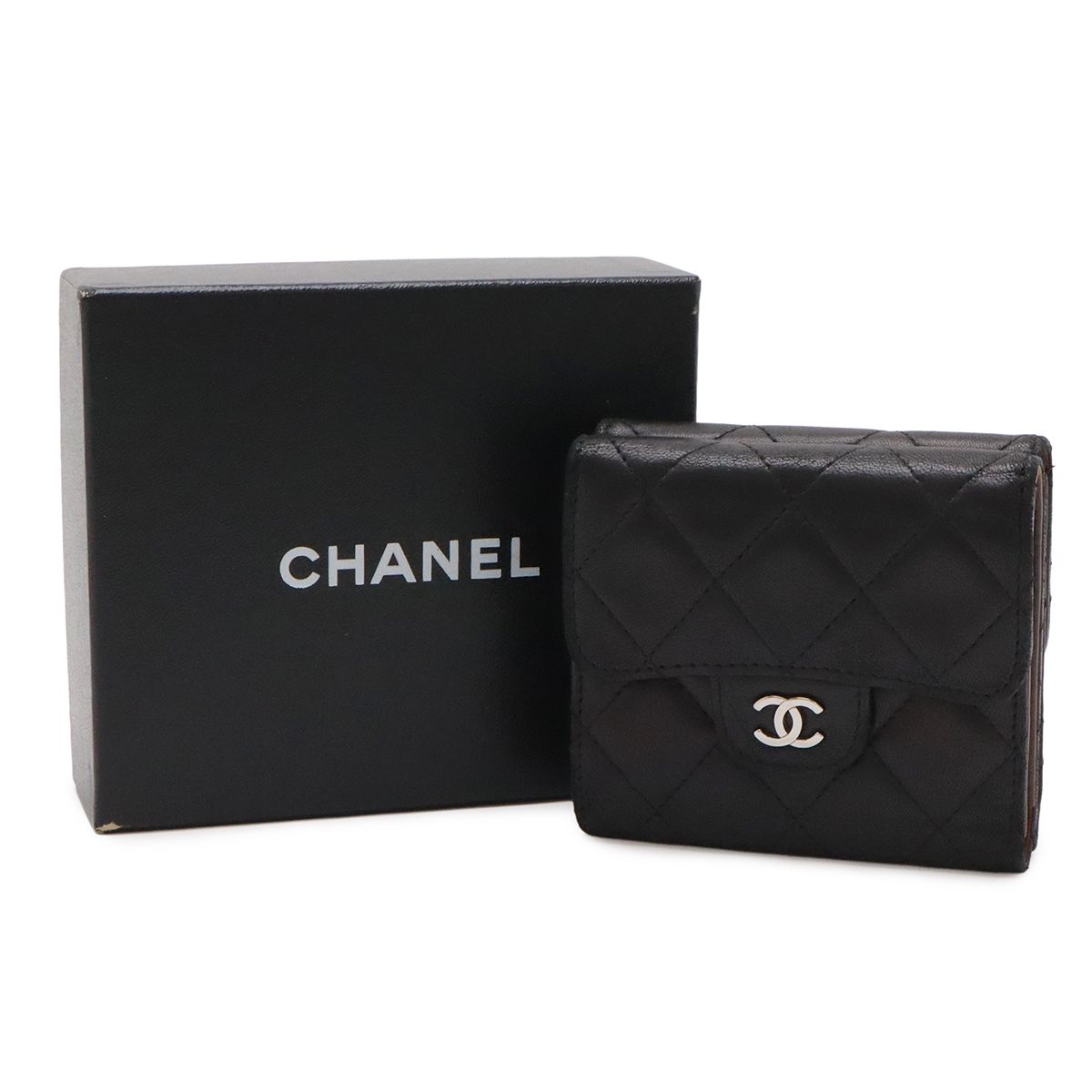 Chanel Quilted CC Logo Bifold Wallet Hook Double Leather Black Silver — view 9