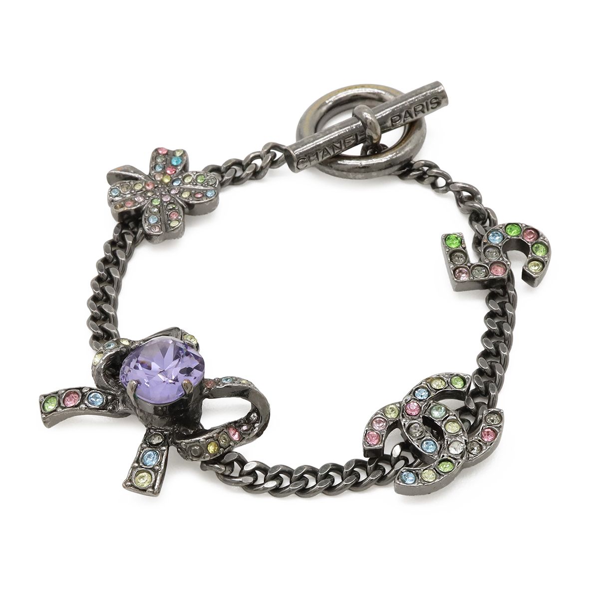 Chanel Number 5 Ribbon CC Logo Clover Bracelet Curve Chain Metal Crystal