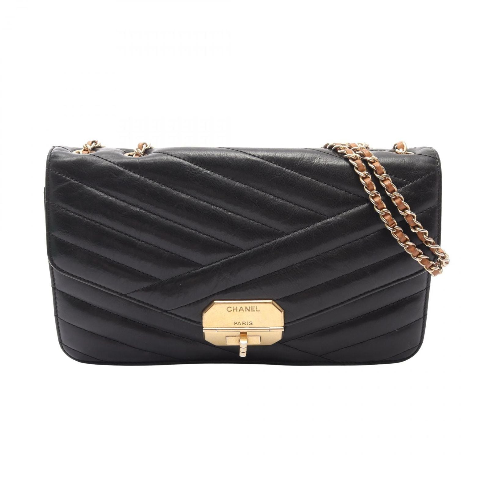 Chanel Shoulder Bag Bias Stitch Black Leather Chain