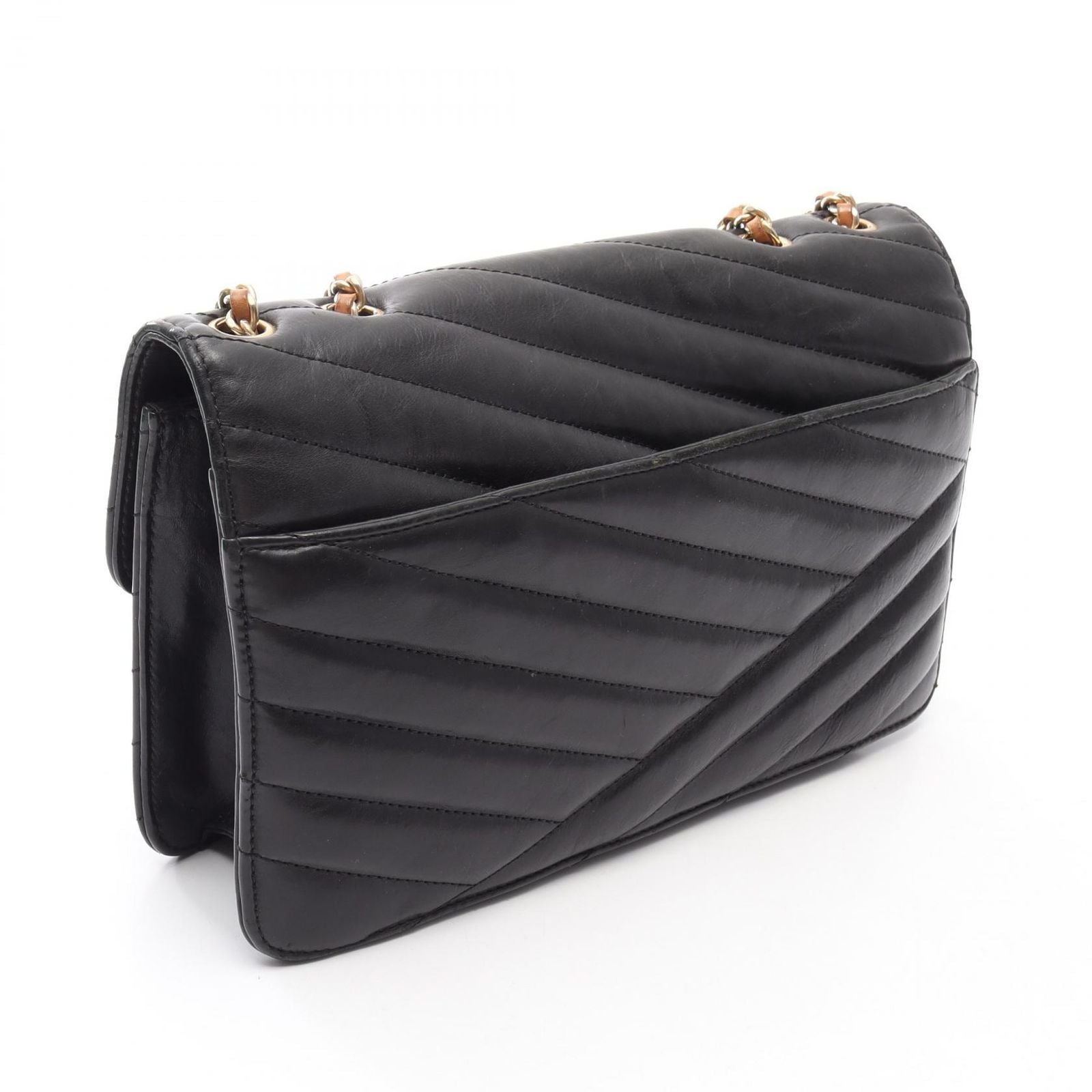 Chanel Shoulder Bag Bias Stitch Black Leather Chain — view 2