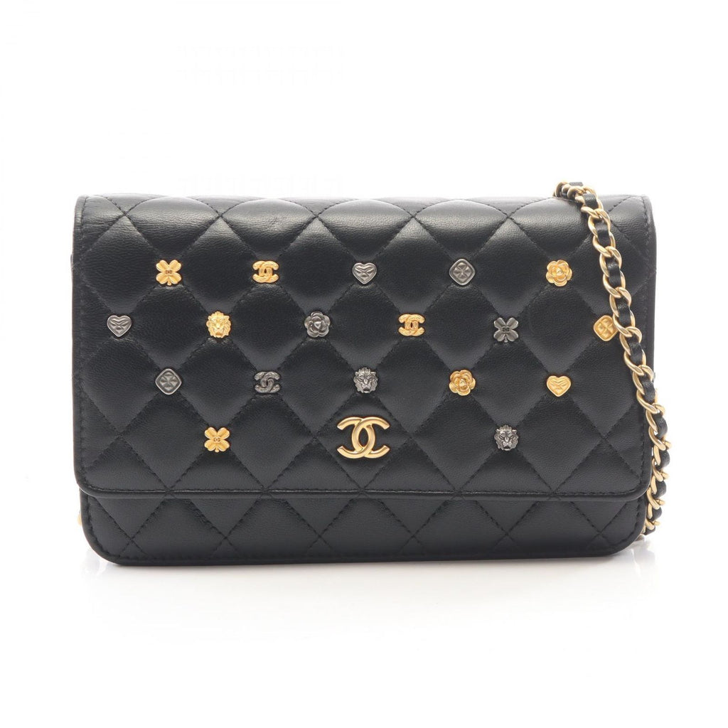 Chanel Shoulder Bag Quilted Icon Charm Black Lambskin Chain Wallet