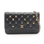 Chanel Shoulder Bag Quilted Icon Charm Black Lambskin Chain Wallet