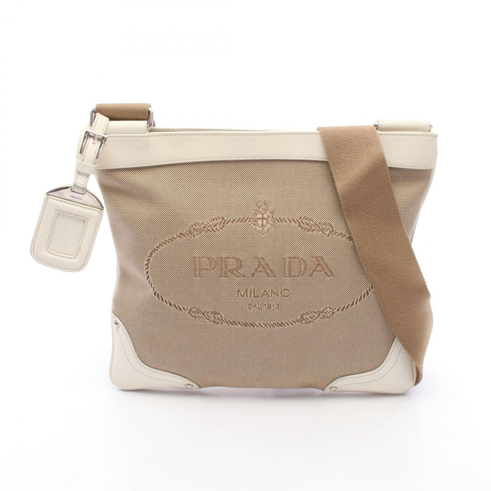 Prada Shoulder Bag Logo Jacquard Beige Ivory Canvas Leather