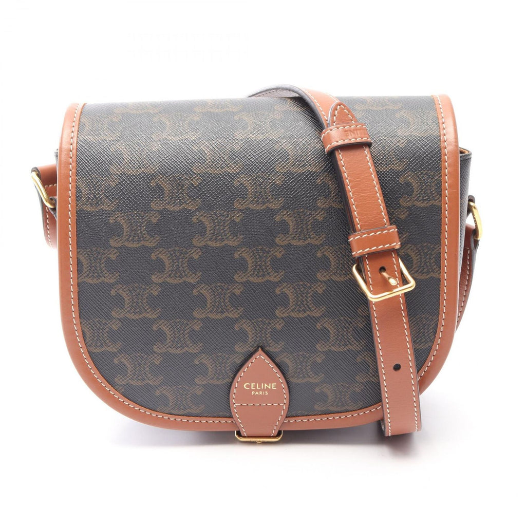 Celine Shoulder Bag Folco Triomphe Dark Brown Canvas Leather