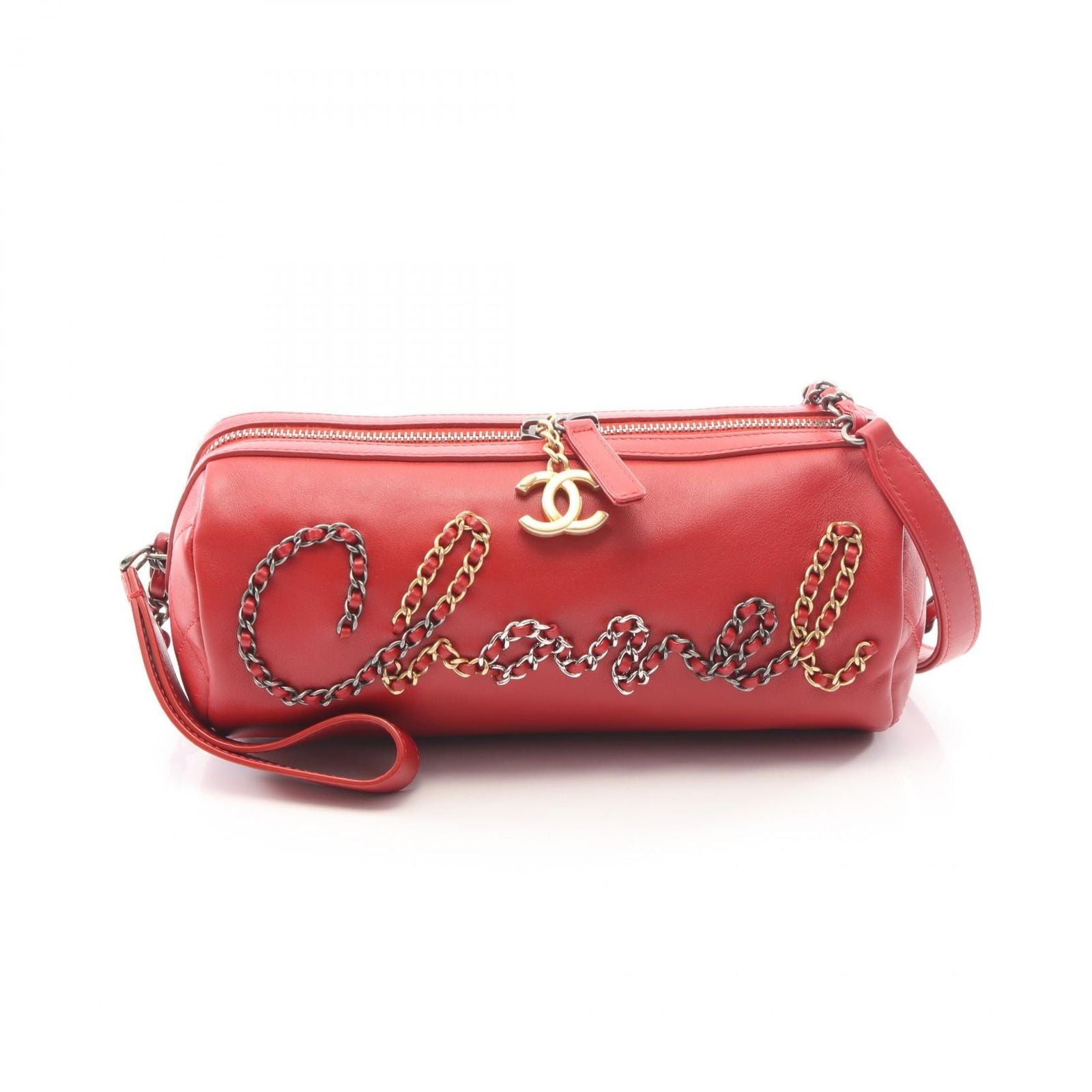 Chanel Shoulder Bag Red Leather Logo