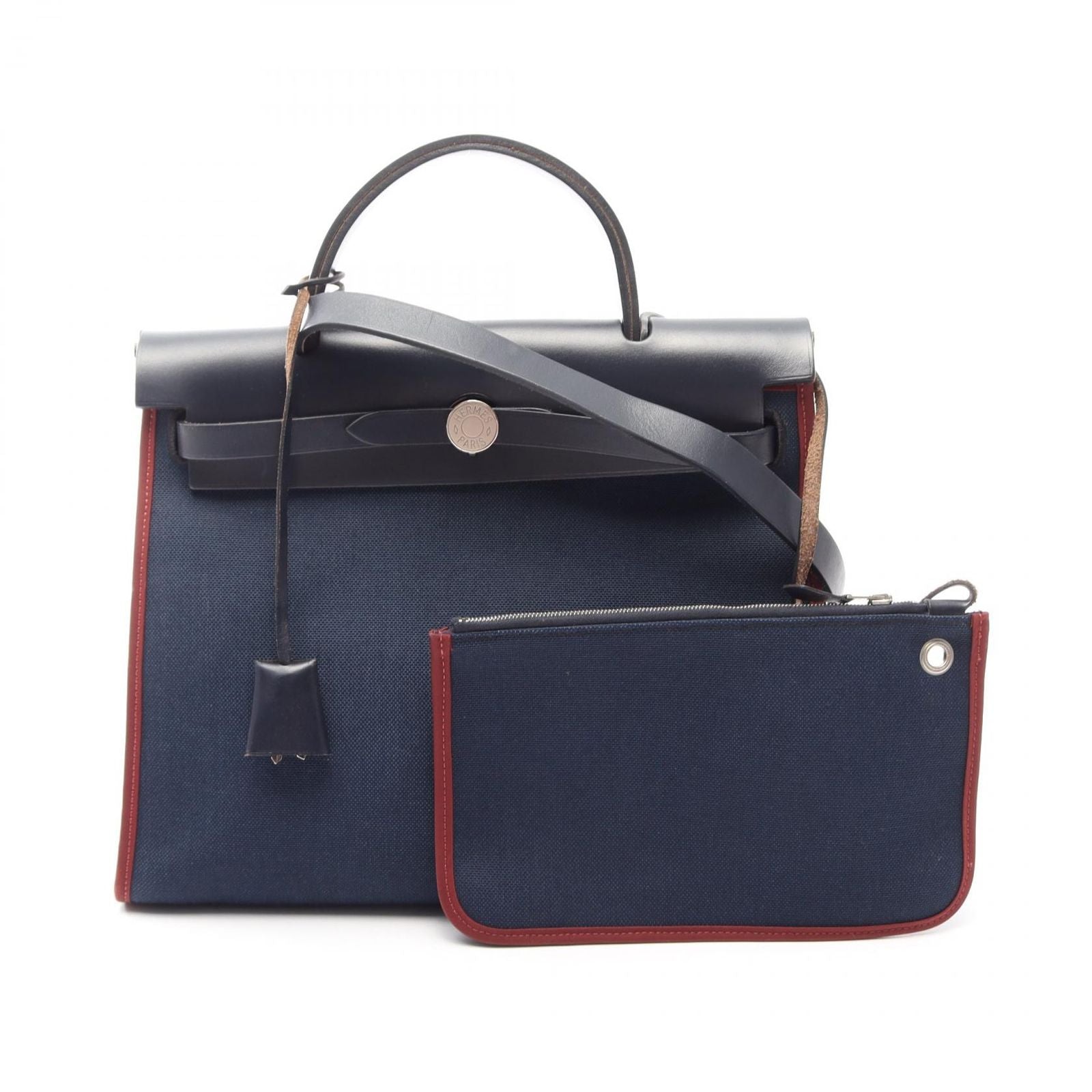 Hermes Handbag Herbag Zip PM 2-Way Blue Marine Rouge Ache Canvas Leather Zip PM