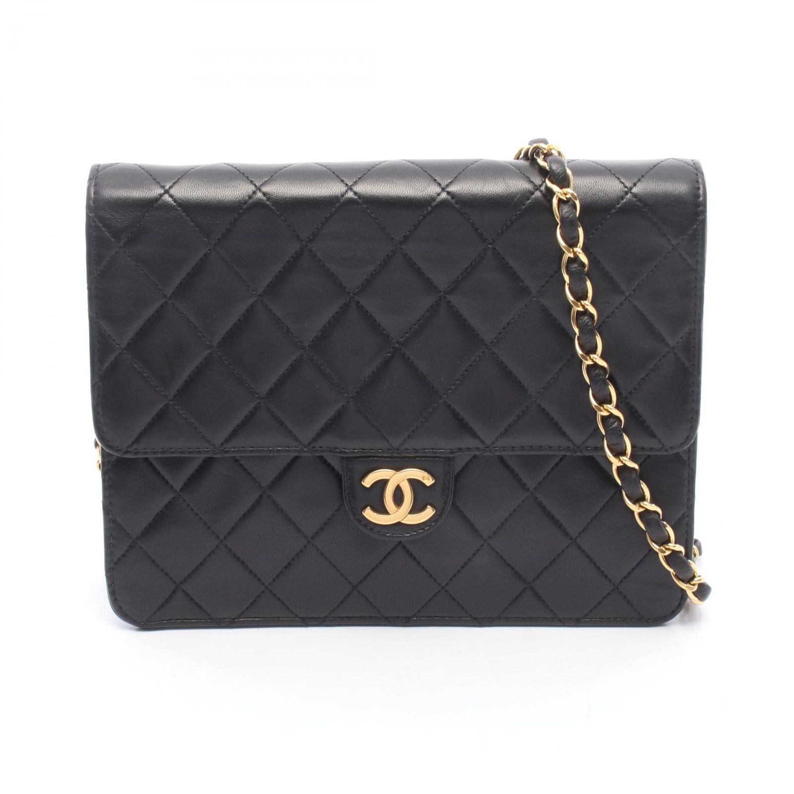 Chanel Shoulder Bag Quilted Push Lock Black Lambskin Chain