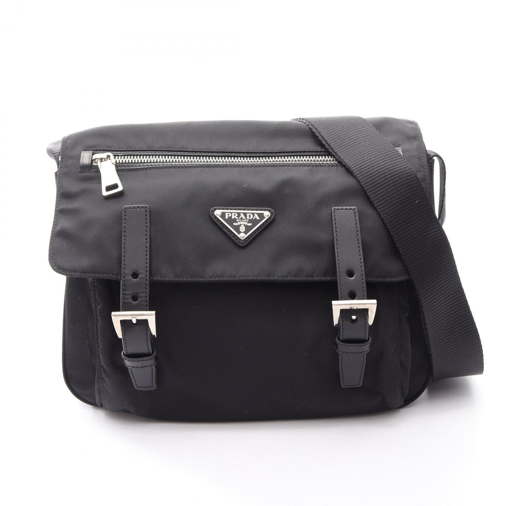 Prada Shoulder Bag Tessuto Black Nylon Leather Triangle Logo