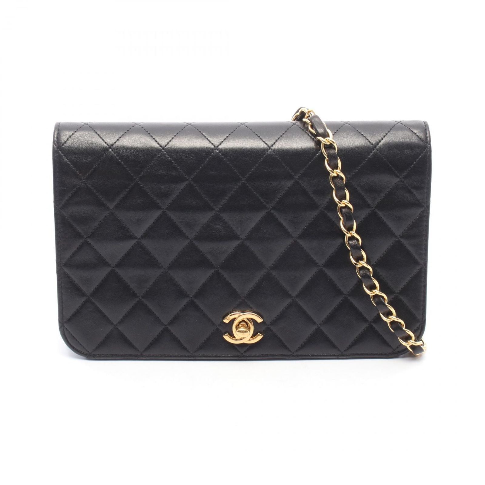 Chanel Shoulder Bag Quilted Full Flap Black Lambskin Chain