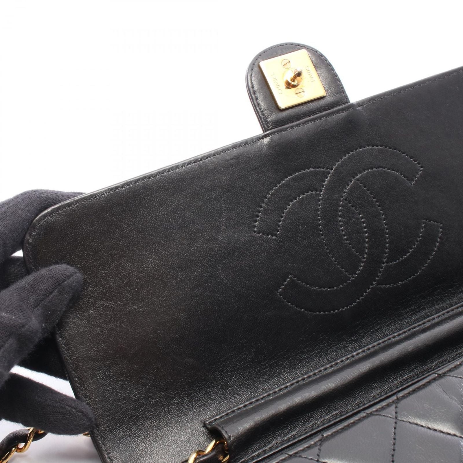 Chanel Shoulder Bag Quilted Push Lock Black Lambskin Chain — view 6