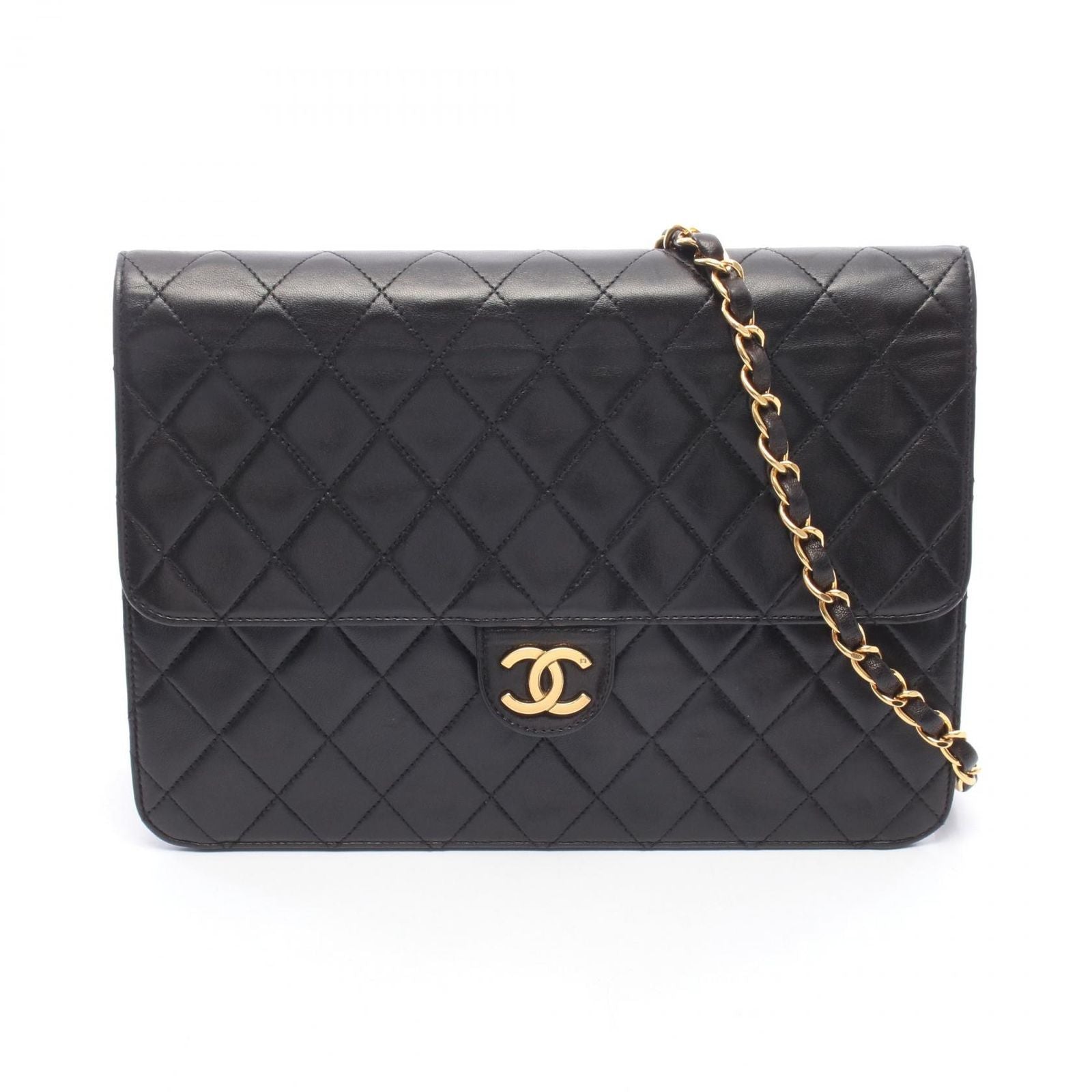 Chanel Shoulder Bag Quilted Push Lock Black Lambskin Chain