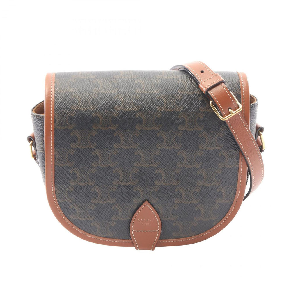 Celine Shoulder Bag Folco Triomphe Dark Brown Canvas Leather