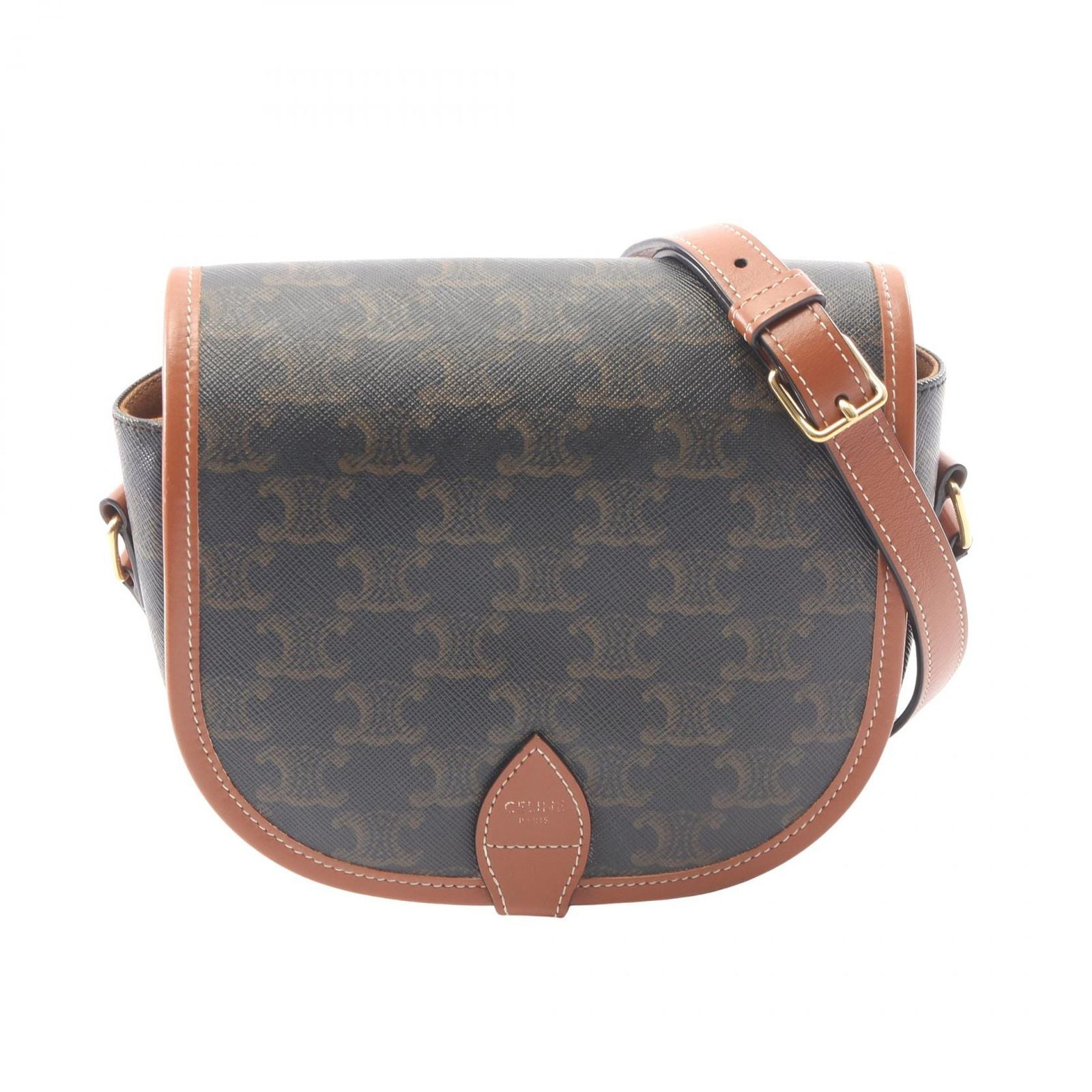 Celine Shoulder Bag Folco Triomphe Dark Brown Canvas Leather