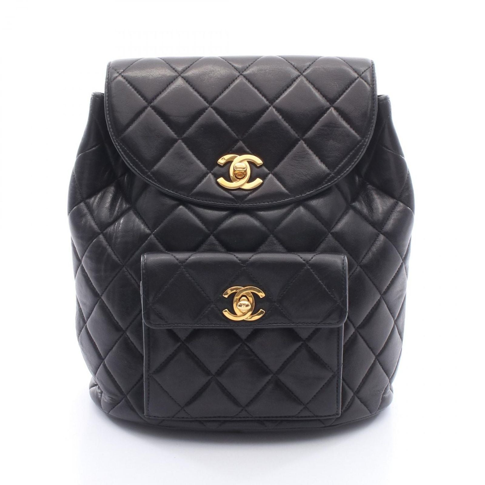 Chanel Backpack Quilted Turnlock Chain Black Lambskin Double
