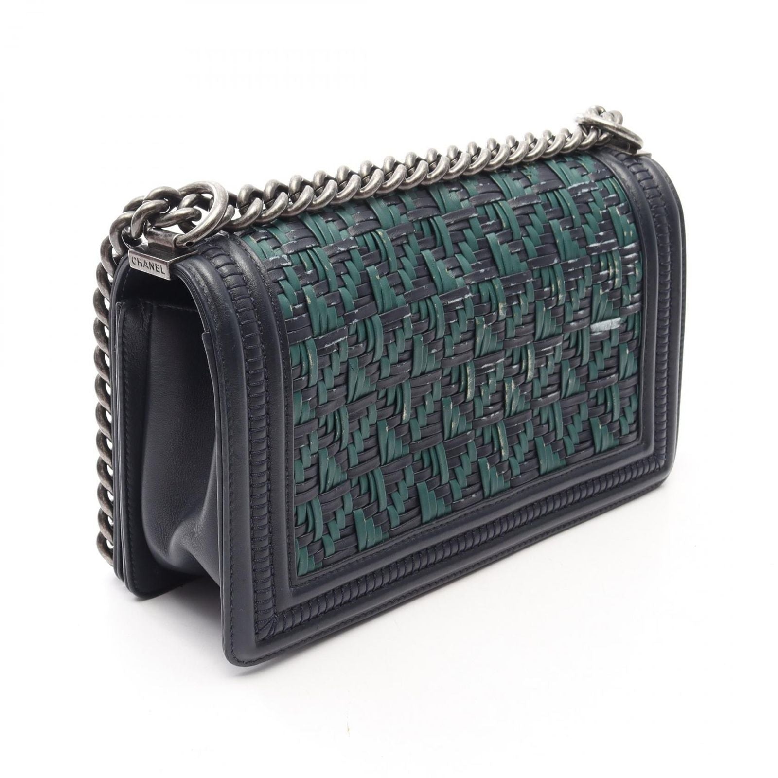 Chanel Shoulder Bag Boy Braid Navy Green Leather Boy Chain — view 2