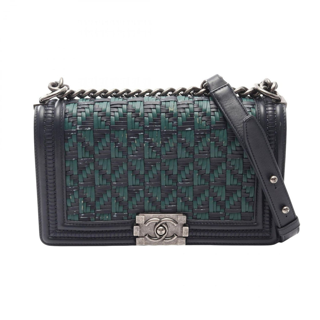 Chanel Shoulder Bag Boy Braid Navy Green Leather Boy Chain