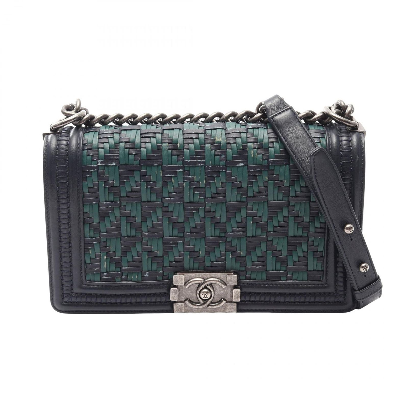 Chanel Shoulder Bag Boy Braid Navy Green Leather Boy Chain