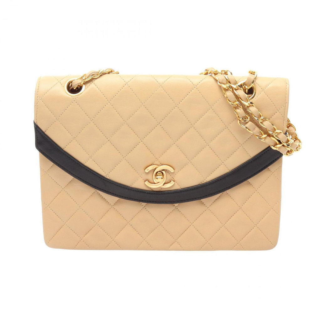 Chanel Shoulder Bag Quilted Single Flap Beige Black Lambskin Chain