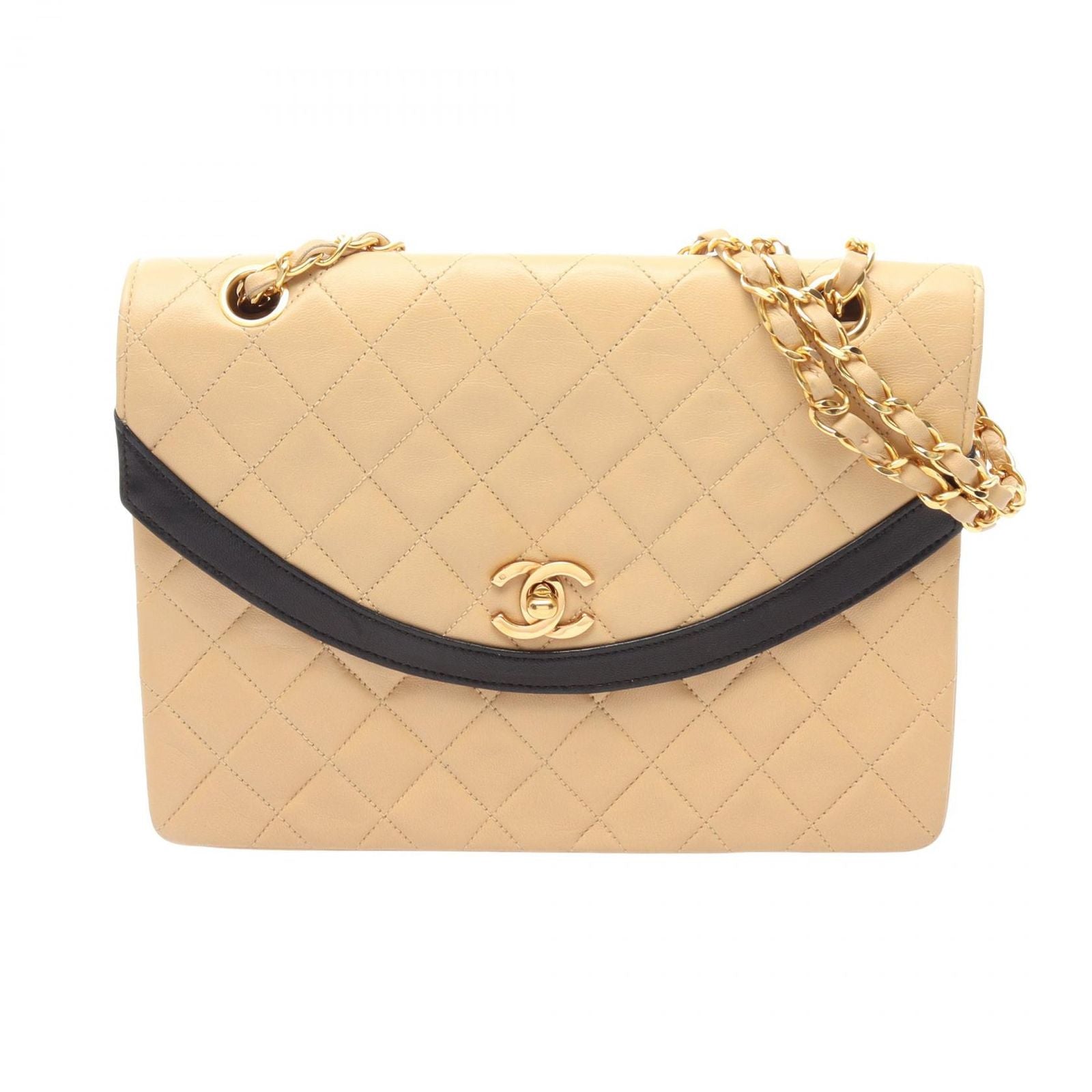 Chanel Shoulder Bag Quilted Single Flap Beige Black Lambskin Chain