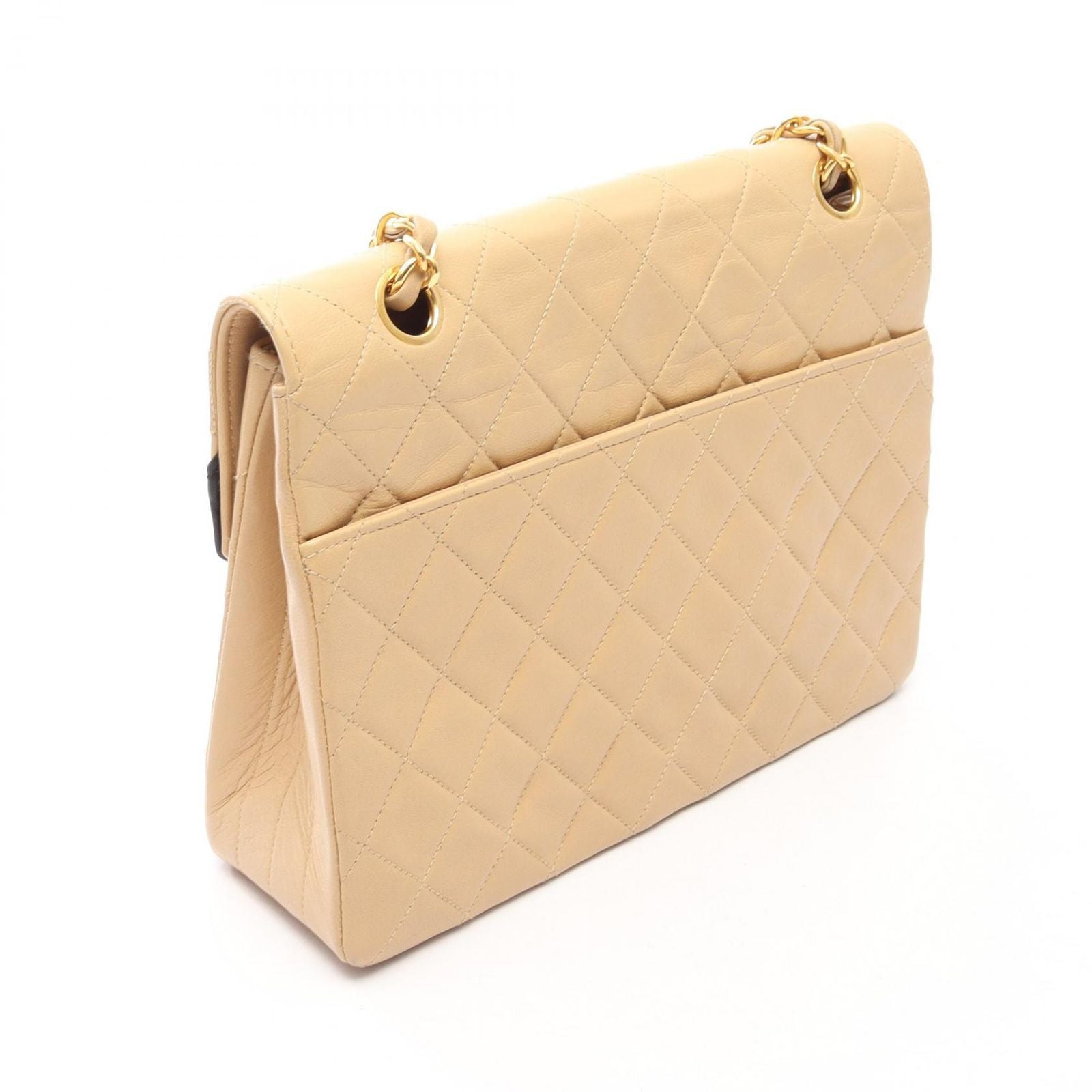 Chanel Shoulder Bag Quilted Single Flap Beige Black Lambskin Chain — view 2
