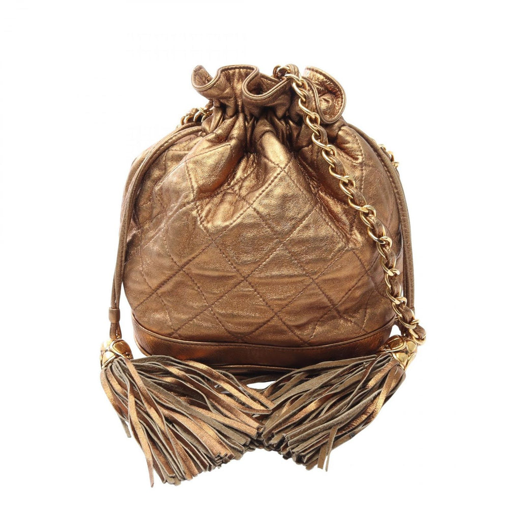 Chanel Shoulder Bag Quilted Drawstring Metallic Gold Lambskin Fringe Chain
