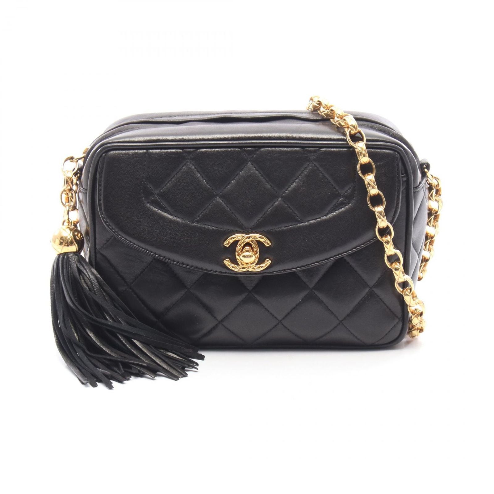 Chanel Shoulder Bag Quilted Diana Flap Fringe Black Lambskin Sringe Small Chain