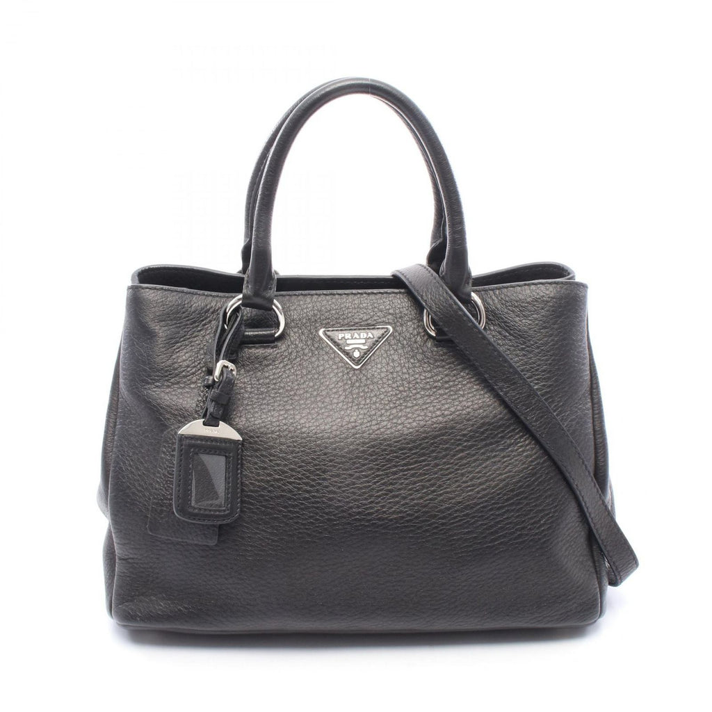 Prada Handbag Triangle Plate 2-Way Black Leather Logo Tote