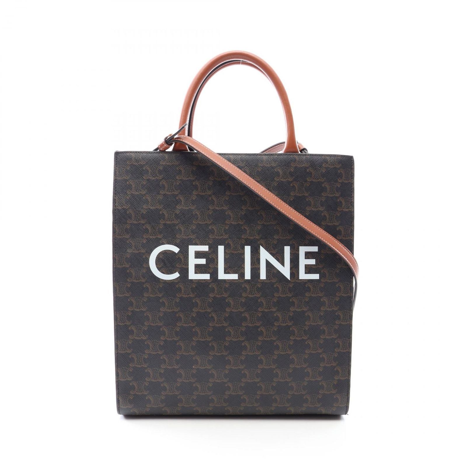 Celine Tote Small Vertical Cover Triomphe 2-Way Black Brown Canvas Leather