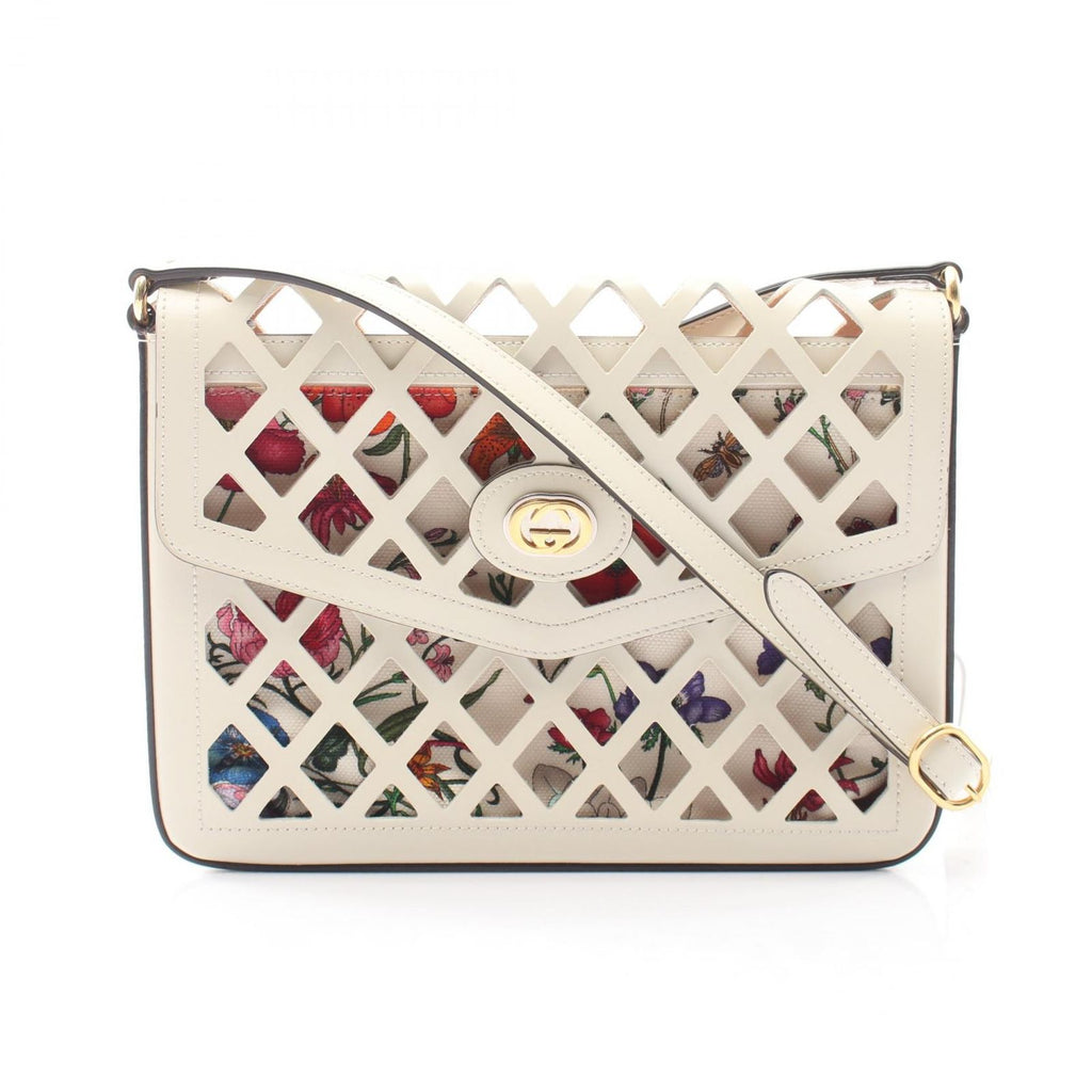 Gucci Shoulder Bag Cutout Floral Canvas Off White Leather