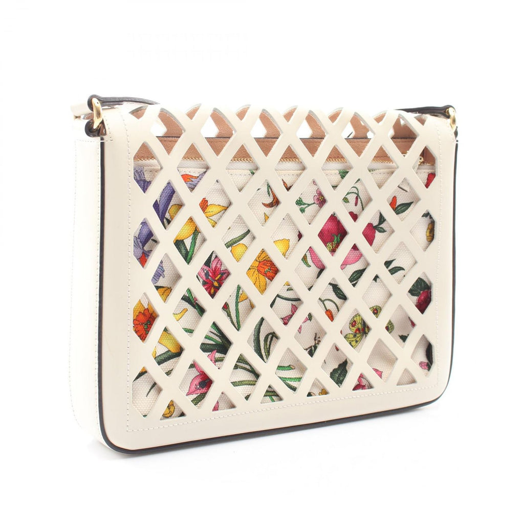 Gucci Shoulder Bag Cutout Floral Canvas Off White Leather — view 2