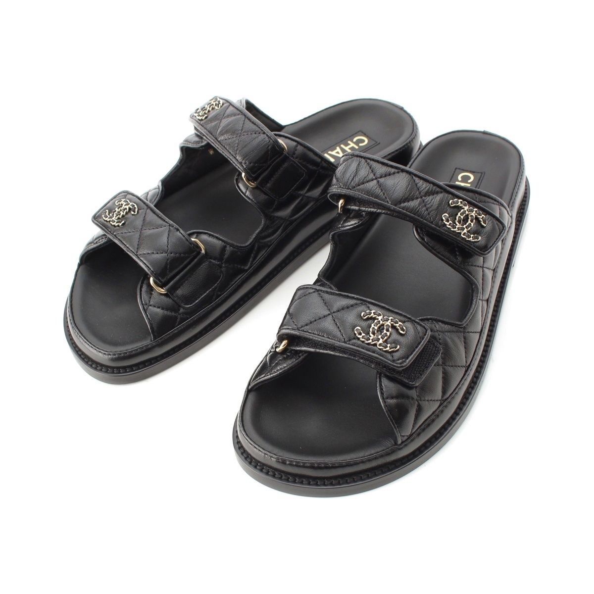 Chanel Leather Quilted CC Logo Velcro Comfort Sandals Shoes Black 39c