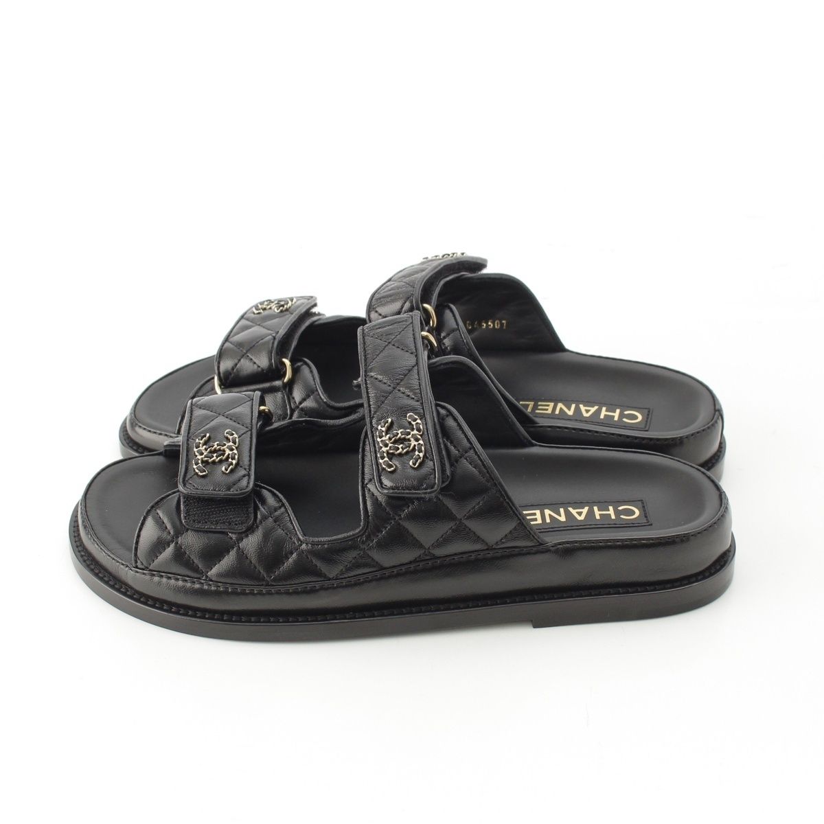 Chanel Leather Quilted CC Logo Velcro Comfort Sandals Shoes Black 39c — view 3