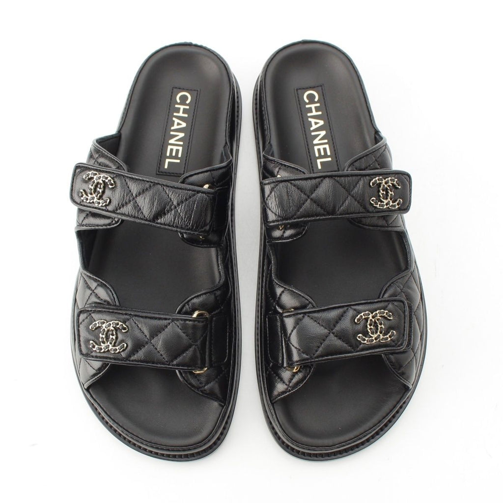 Chanel Leather Quilted CC Logo Velcro Comfort Sandals Shoes Black 39c — view 2