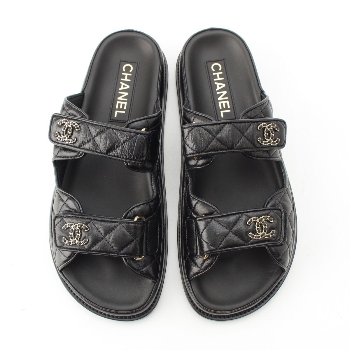 Chanel Leather Quilted CC Logo Velcro Comfort Sandals Shoes Black 39c — view 2