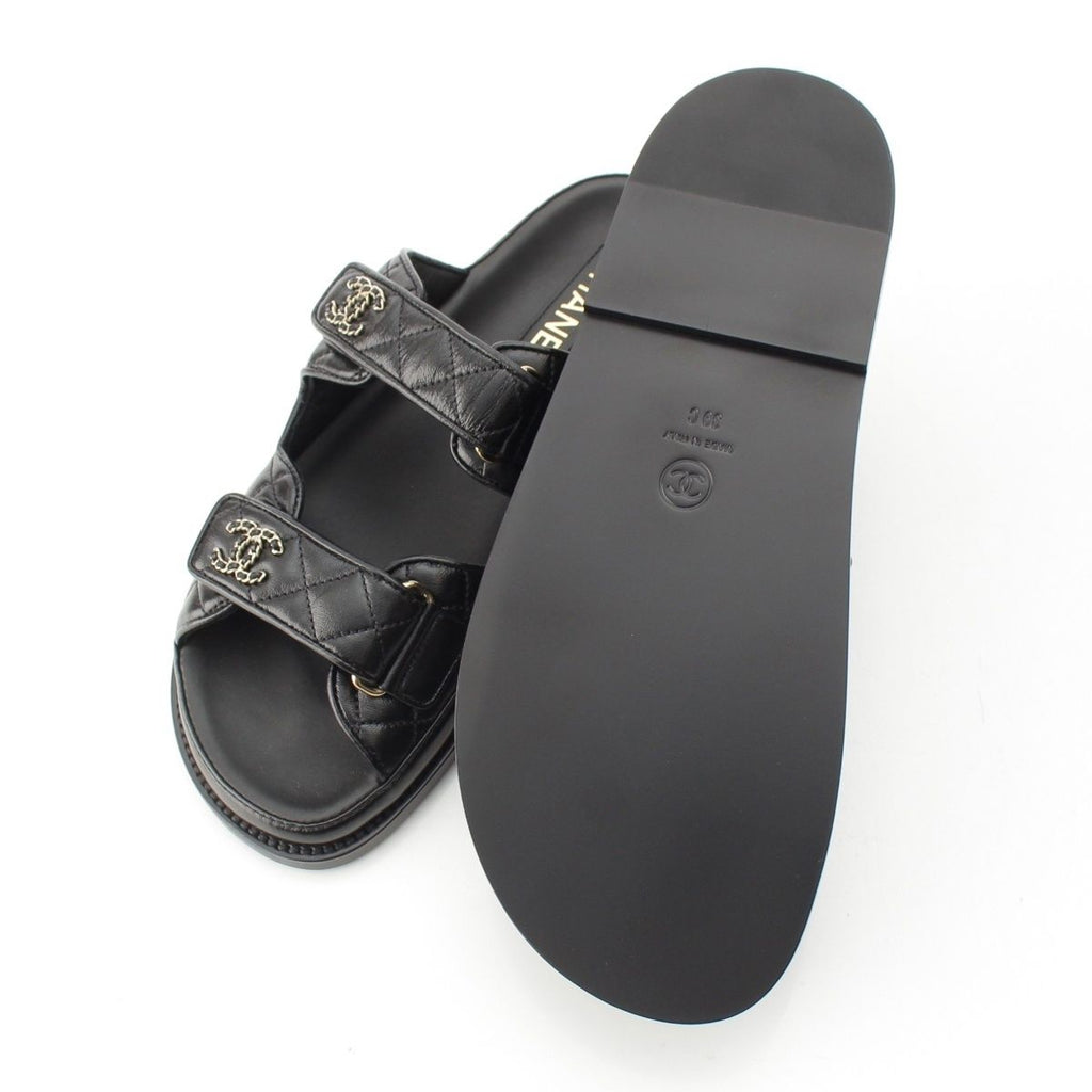 Chanel Leather Quilted CC Logo Velcro Comfort Sandals Shoes Black 39c — view 5