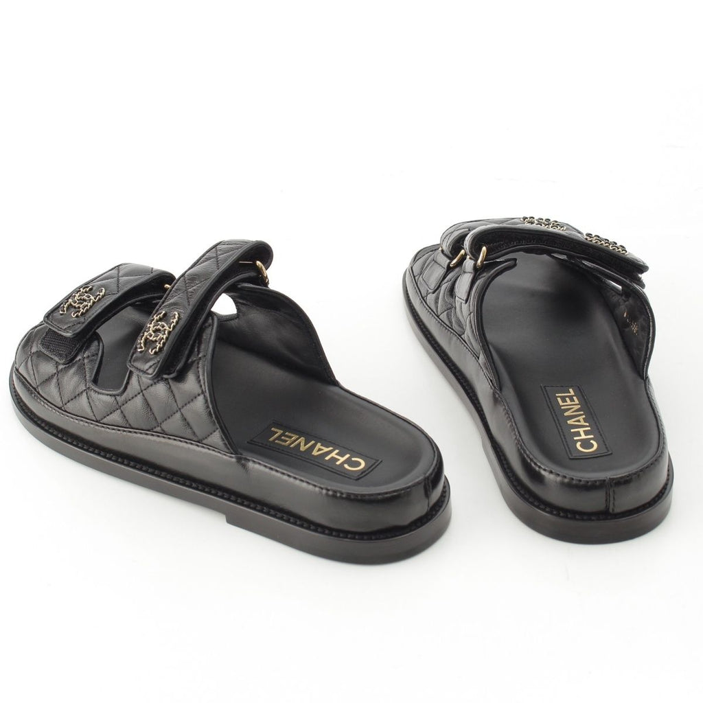 Chanel Leather Quilted CC Logo Velcro Comfort Sandals Shoes Black 39c — view 4