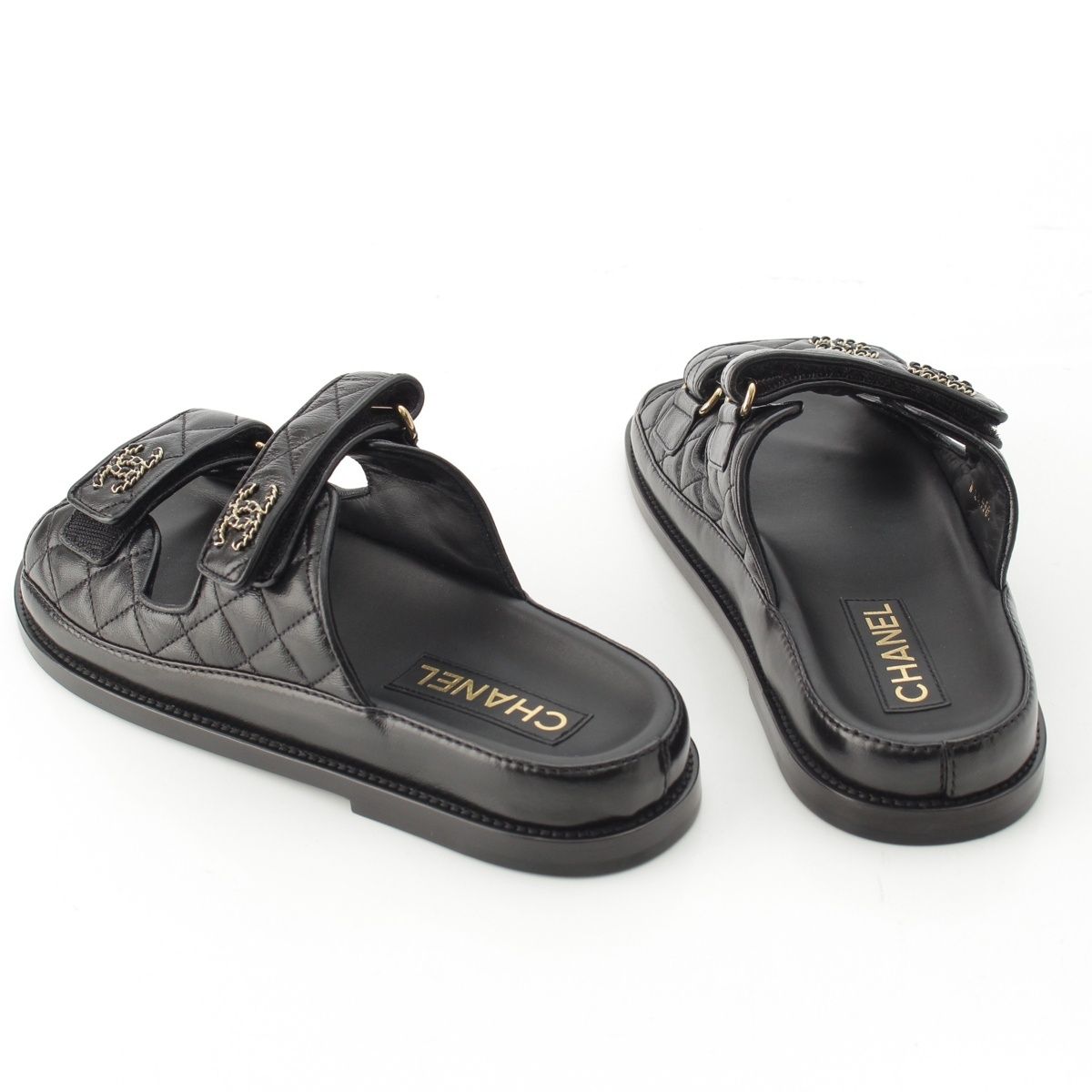 Chanel Leather Quilted CC Logo Velcro Comfort Sandals Shoes Black 39c — view 4