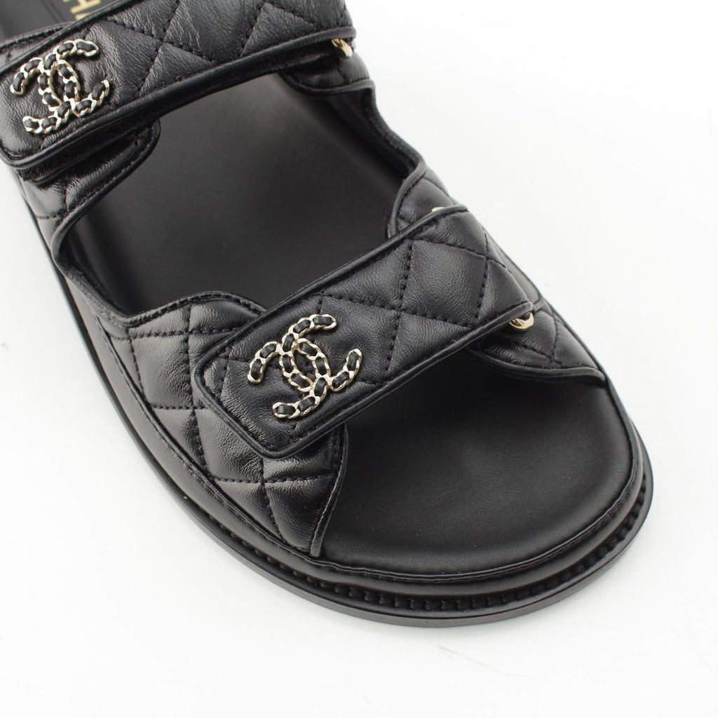 Chanel Leather Quilted CC Logo Velcro Comfort Sandals Shoes Black 39c — view 6