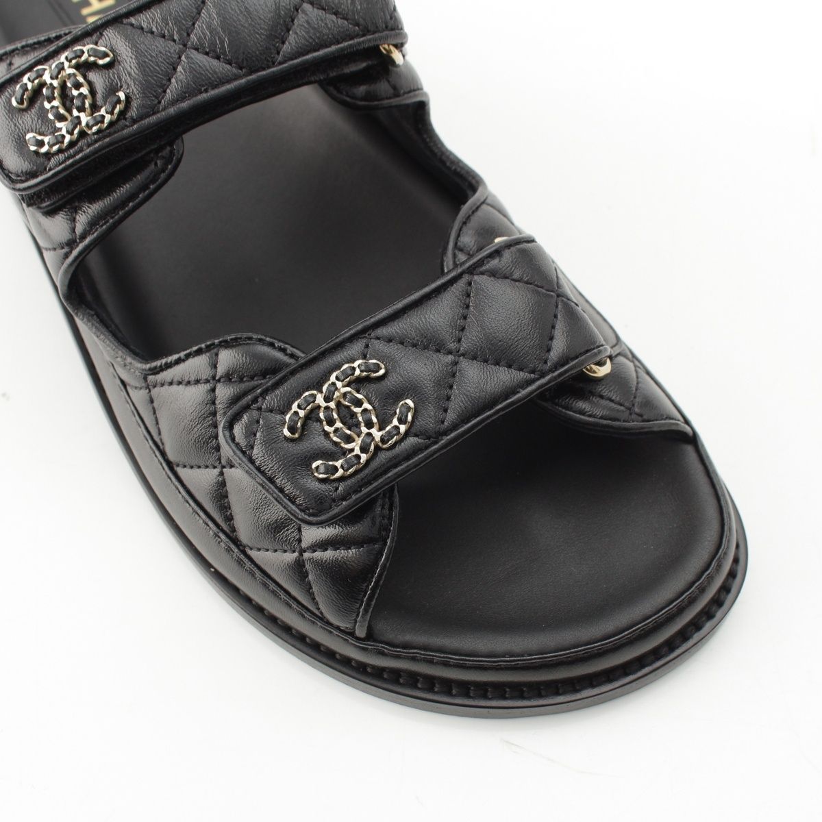 Chanel Leather Quilted CC Logo Velcro Comfort Sandals Shoes Black 39c — view 6