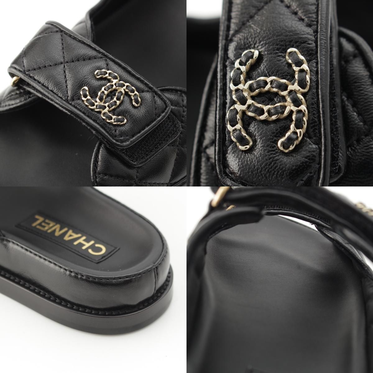 Chanel Leather Quilted CC Logo Velcro Comfort Sandals Shoes Black 39c — view 9