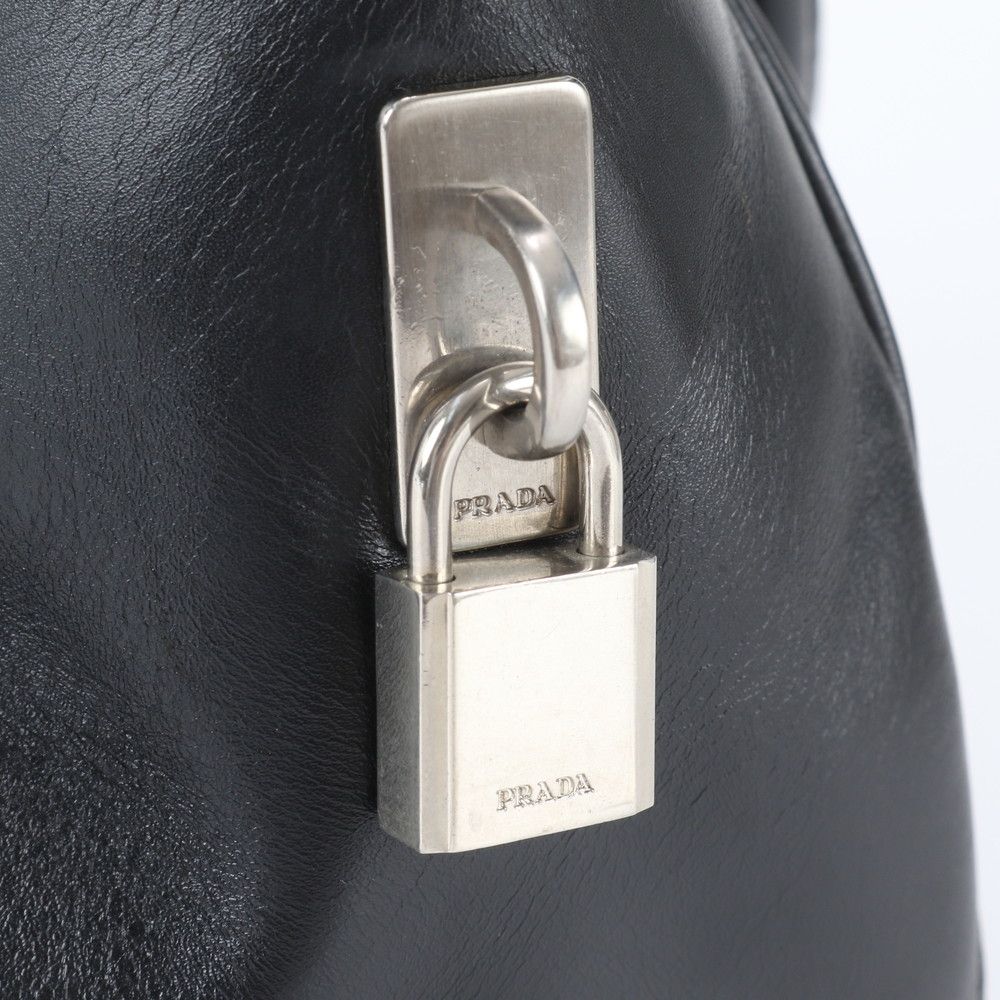 Prada Tessuto Nylon Triangle Logo Leather Handbag Tote Black — view 8