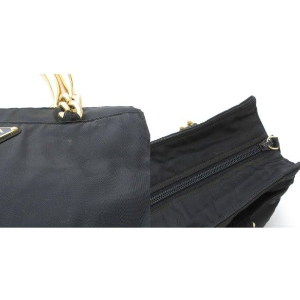 Prada Handbag Logo Triangle Plate Metal Handle Chain Nylon Bicolor Black Gold — view 9