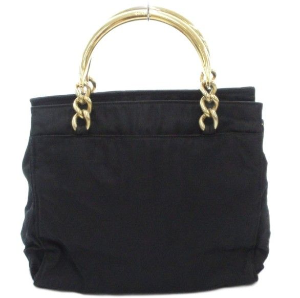 Prada Handbag Logo Triangle Plate Metal Handle Chain Nylon Bicolor Black Gold — view 2