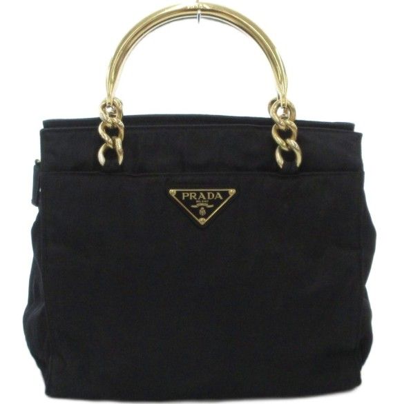 Prada Handbag Logo Triangle Plate Metal Handle Chain Nylon Bicolor Black Gold