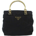 Prada Handbag Logo Triangle Plate Metal Handle Chain Nylon Bicolor Black Gold