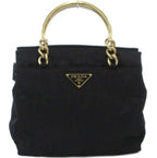 Prada Handbag Logo Triangle Plate Metal Handle Chain Nylon Bicolor Black Gold