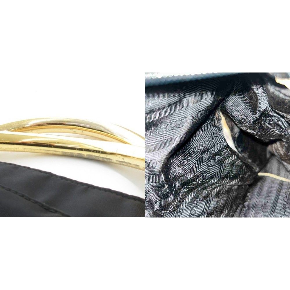 Prada Handbag Logo Triangle Plate Metal Handle Chain Nylon Bicolor Black Gold — view 8