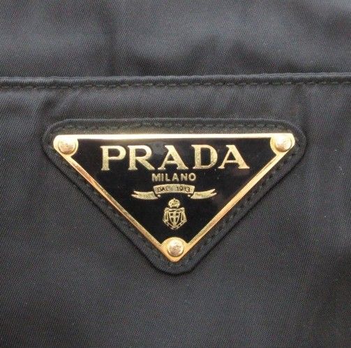 Prada Handbag Logo Triangle Plate Metal Handle Chain Nylon Bicolor Black Gold — view 7